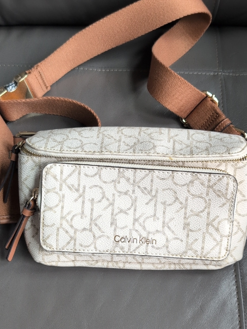 Calvin Klein Monogram Canvas Fanny Pack in Beige and Brown